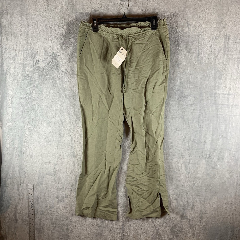 Salt Life Women's Pants S Flax Linen Drawstring Green Wide Leg Pockets Elastic